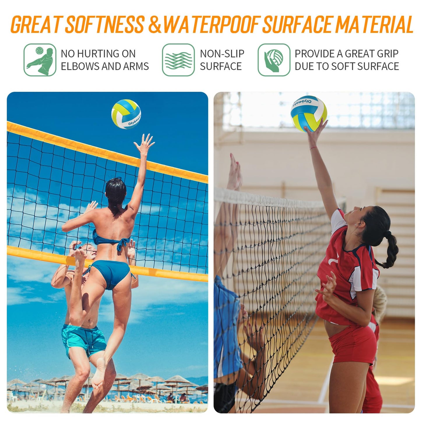 Olybeaka Official Size 5 PU Volleyball with Soft Touch for Indoor Outdoor, Waterproof & Durable Volleyball for Beach Park Games Gym Practice with Pump and Heavy Duty Mesh Bag