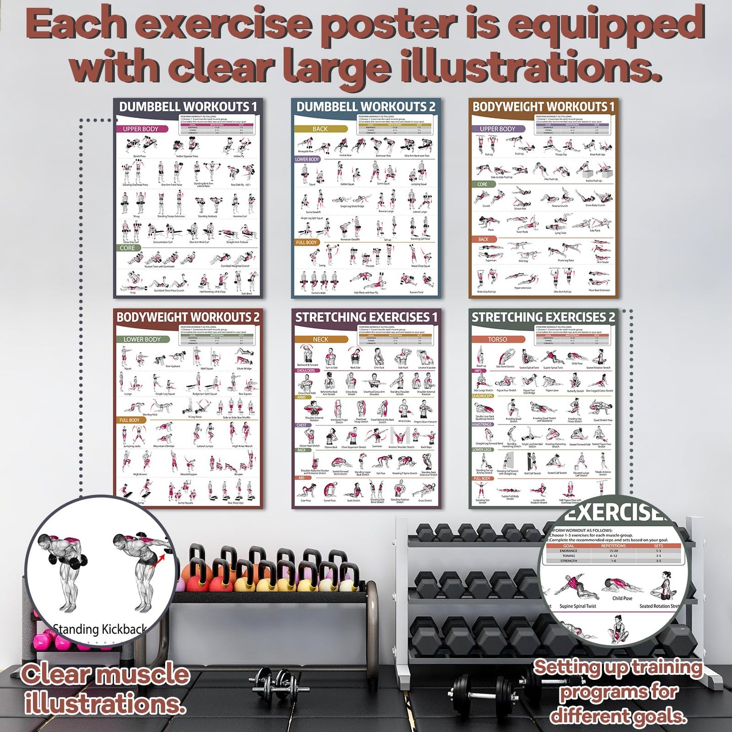 gisgfim 6PCS Workout Posters Dumbbell Bodyweight Stretching Workout Exercise Chart for Home Gym Full Body Routine Poster Set Muscle Engagement Exercise Illustrations Garage Home Gym Wall Decorations