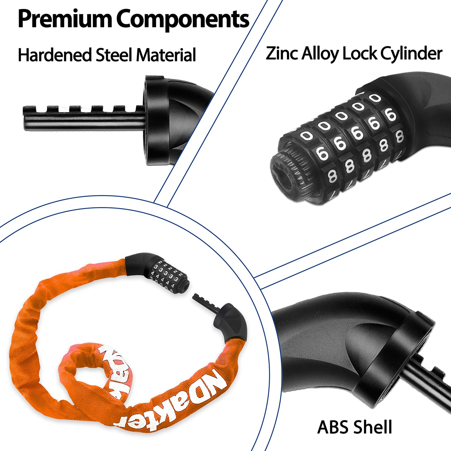 NDakter Bike Chain Lock, 5 Digit Combination Heavy Duty Anti Theft Bicycle Chain Lock,2.62/3.2/4.27/5/6Ft Long Security Resettable Bike Locks for Bike, Bicycle, Scooter, Door, Gate, Fence-4/6mm Thick