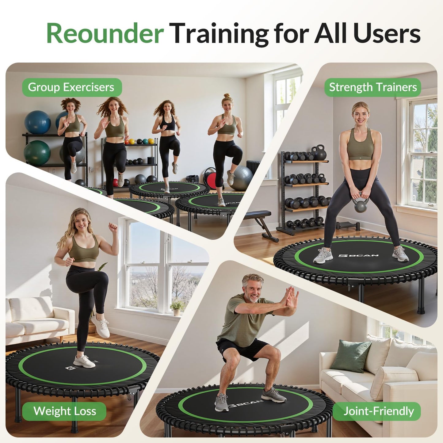 BCAN 48" Adult Fitness Trampoline with Durable Bungees, Stable & Quiet Exercise Rebounder,Great Mini Trampoline for Indoor/Garden Workout - Green