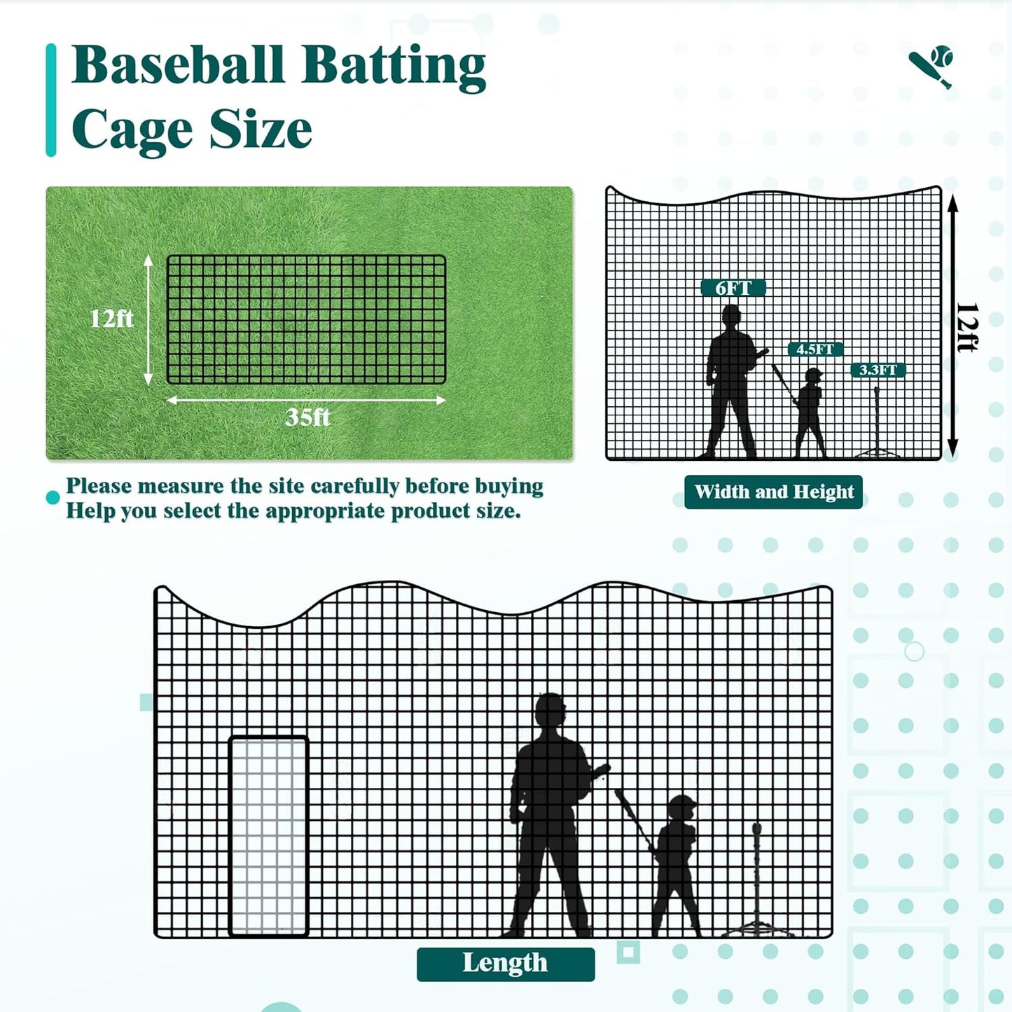 20/35/55/70 FT Baseball Batting Cage, Baseball Nets for Batting Cage，Baseball and Softball Batting Cage Nets for Pitching Training, Outdoor Backyard Batting Cage with Frame