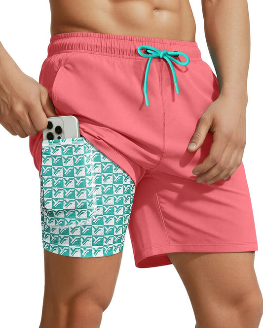 7 Inch 7in Men Swim Trunks mid-thigh Compression Liner Quick Dry Drawstring Male Swimwear Swimsuit Swimtrunks Boardshorts Bathing Suit Fair Beach Water Shorts Zipper Mesh Pocket Inseam Harbor Pink