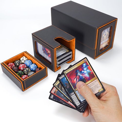AFIING MTG Commander Deck Box 200 Double Sleeved Cards Storage, 3-in-1 Magnetic Card Case Organizer for Magic: The Gathering TCG CCG, 4 Dividers & 2 Toploaders (Black/Orange)