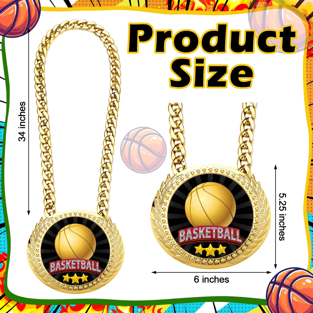 Tondiamo Sports MVP Turnover Chain Medal 6" Big Gold Champ Award Necklace Chain Baseball Basketball Football Soccer Softball Volleyball Sports Competitions Prize Gifts and Party Favors(Basketball)
