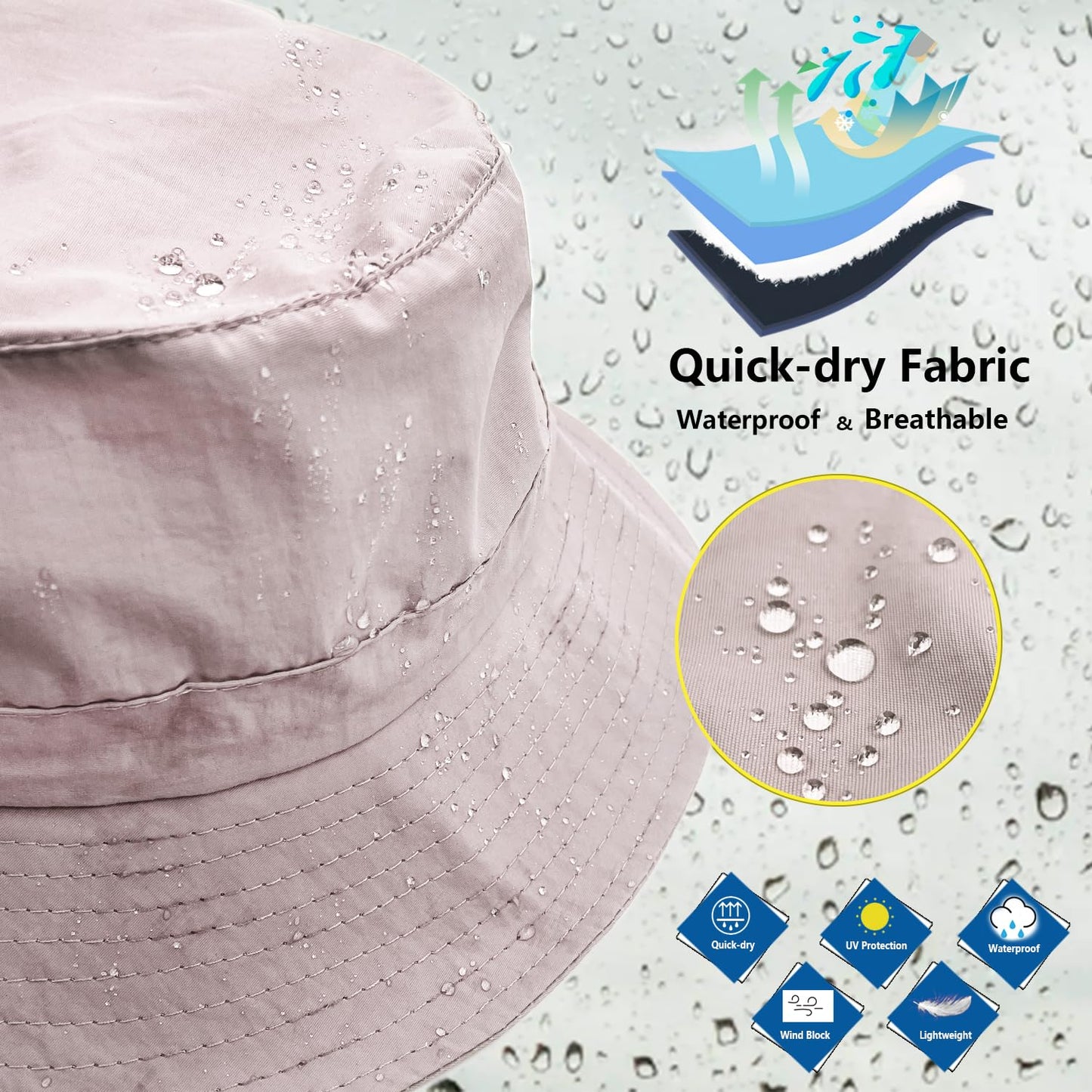 woogwin Waterproof Bucket Rain Hat with Chin Strap Quick Dry Packable Boonie Sun Hat Safari Hat UV Protection(Light Pink)