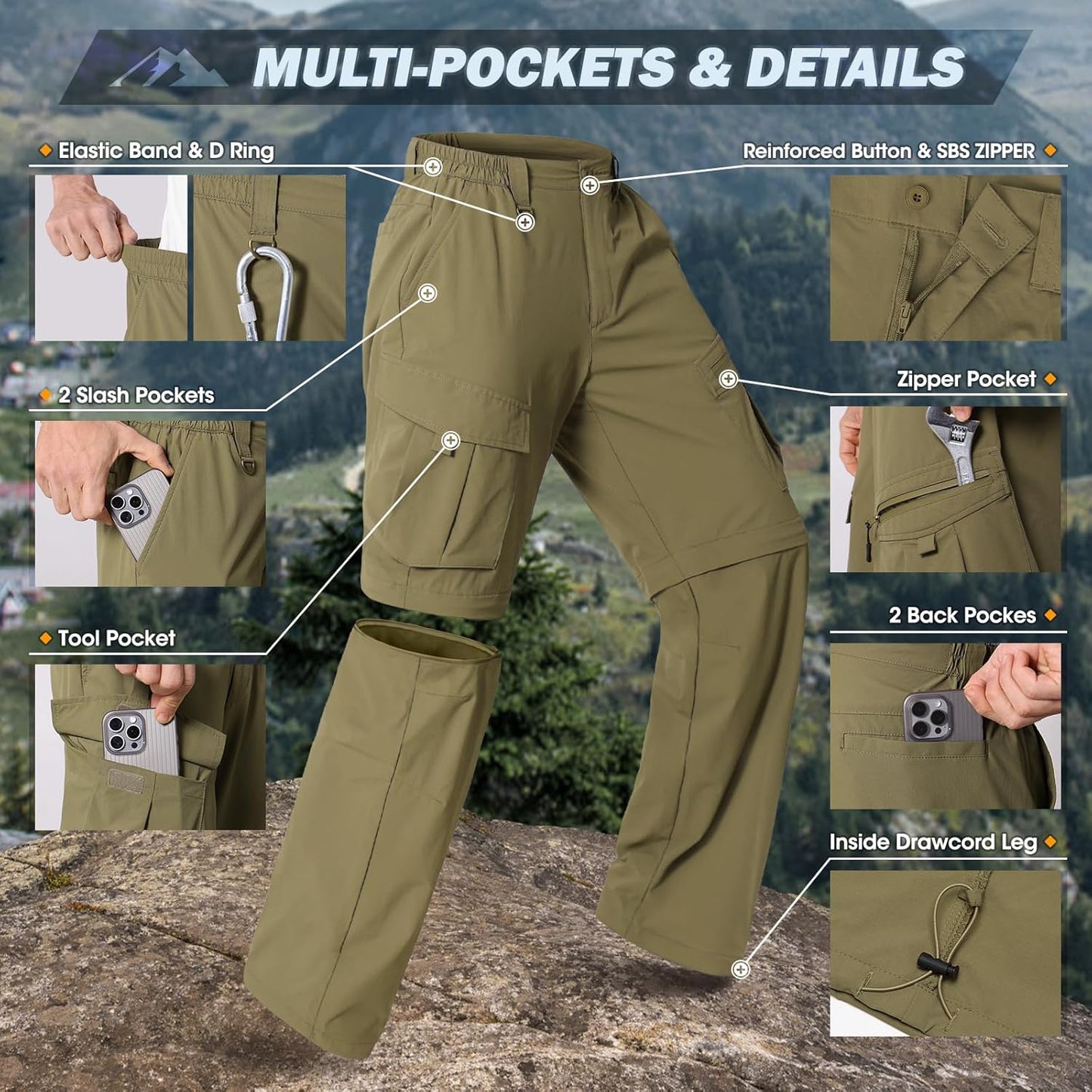 IGOLUMON Mens Hiking Pants Convertible Quick Dry Cargo Pants Water Resistant Lightweight Zip Off Outdoor Pants with 6 Pockets