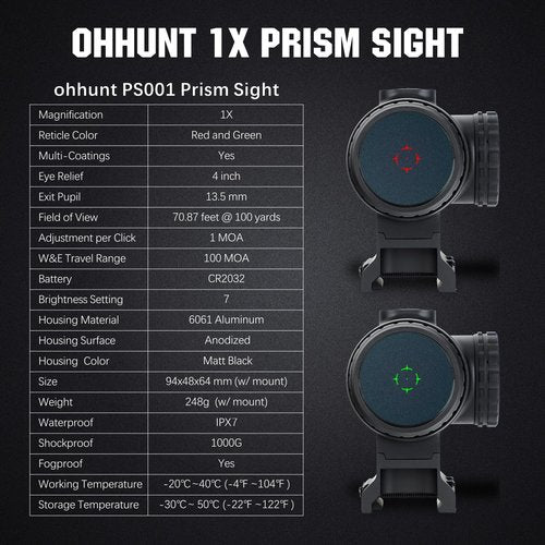 ohhunt 1X Prism Scope 2 MOA Circle Dot Red Green Retical Sight Three Style Mount Low Profile Absolute Co-Witness Lower 1/3 Co-Witness