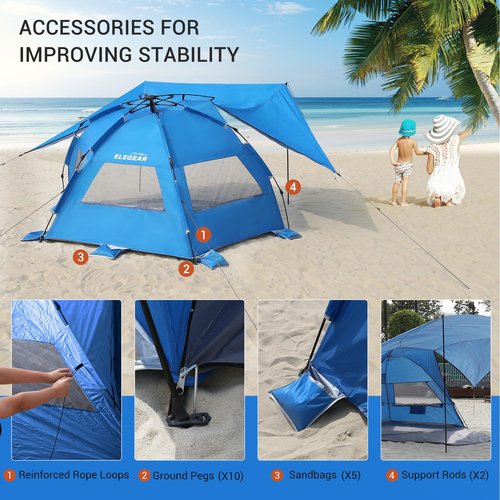 Elegear Beach Tent with 360° Removable Canopy, 4-6 Person Pop Up Sun Shade Shelter, UPF 50+ Automated Installation Double Silver Coating Portable Lightweight Beach Cabana for Beach/Camping/Outdoor