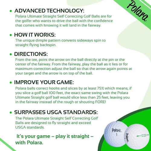 Polara Golf Ultimate Straight Self-Correcting Golf Balls ??Soft Feel, Anti-Slice & Hook Correction, Exceeds USGA Limits, Dimple Pattern, High-Performance Balls for Men & Women ??1 Dozen White