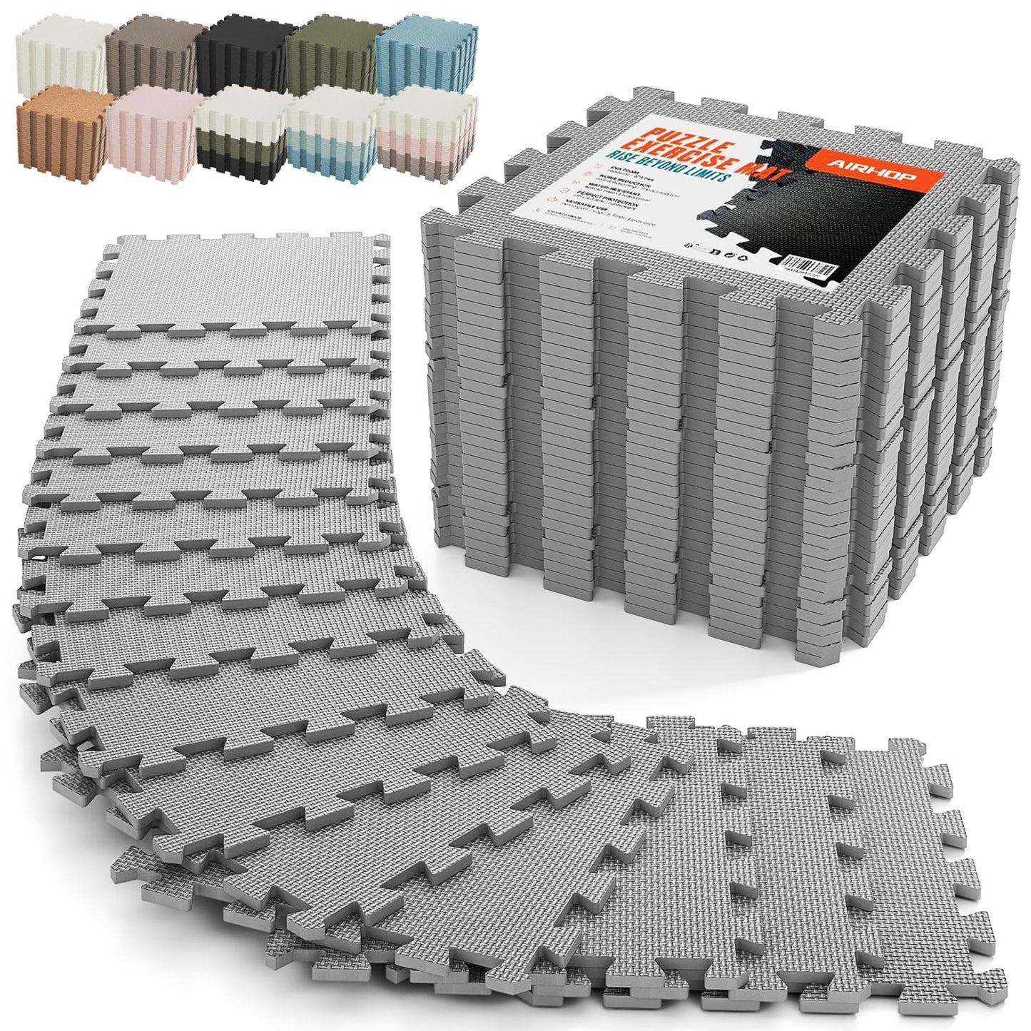 AIRHOP 18 PCS Gym Floor Mat, EVA Foam Puzzle Gym Mat, High-Density Interlocking Foam Floor Tiles for Home Gym, Play Workout Garage Kitchen Flooring 12.6"x12.6"x0.4"