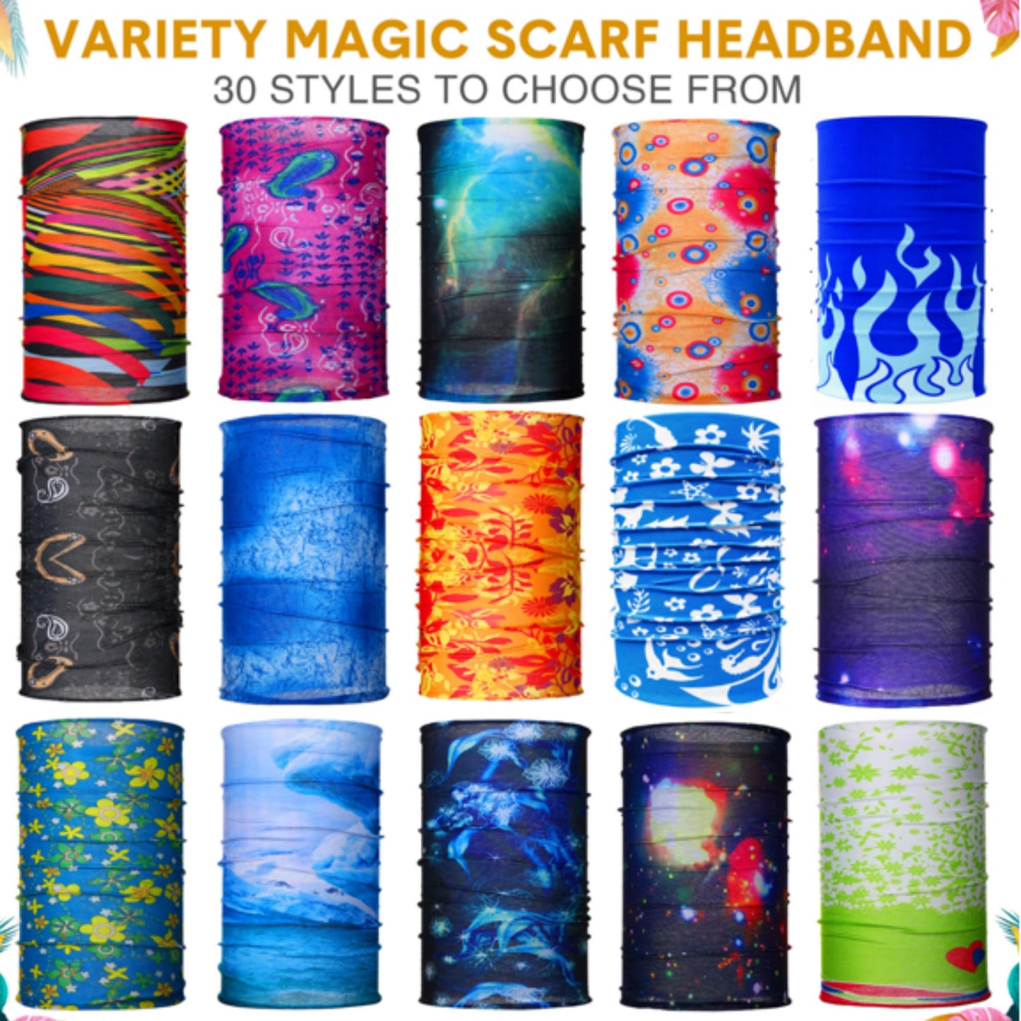 Tarpop 12/30 Pcs Neck Gaiters Scarf Elastic Wrap Headband Sweat Absorbing Bandana for Women Men Sports Yoga Running(30 Pcs,Stylish Style)