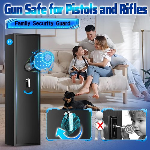 5-6 Large Heavy-Duty Gun Safes for Rifles and Pistols, Quick Release Shotgun Safe with Dual Alarm System, Biometric Gun Safe, Rifle Gun Safe with Alarm & Mute Function,No Assembly Required