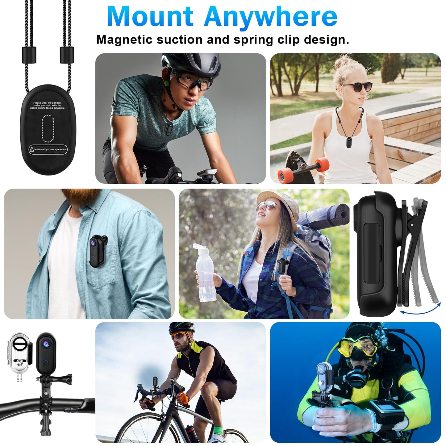 i3 4K Thumb Action Camera,Tiny Size, Mount Anywhere,Small Body Camera with Spring Clip,Portable Vlogging,Hands-Free POV Recording,Helmet Cam for Cycling,Motorcycle (with 128G-Card, Black)