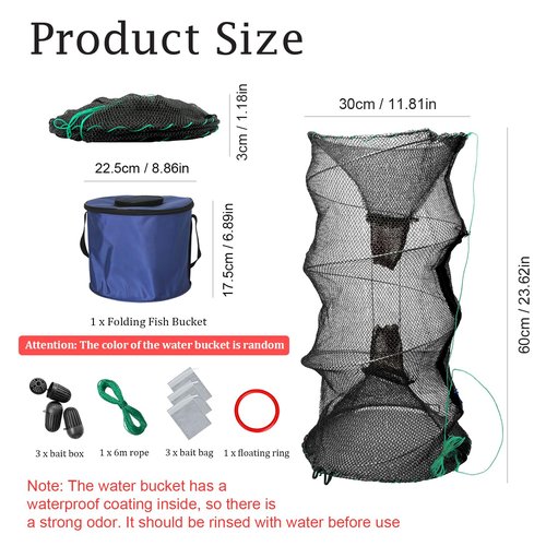 Minnow Trap with Foldable Fishing Net (11x24 Inch) & Collapsible Fish Bucket - Crab, Crawfish, Shrimp Trap for Freshwater Saltwater Fishing
