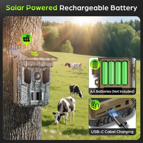 VIDVIS WiFi Trail Camera Solar, 4K 64MP Game Cam with Night Vision Motion Activated Waterproof IP66, 0.2s Trigger Trail Cam with 850nm Low Glow Infrared LEDs, Wildlife Camera with 32GB SD Card