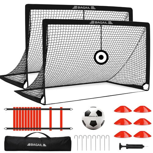 BAGAIL Soccer Goals for Backyard Set, 2 of 6 x 4ft Portable Pop Up Soccer Nets, Foldable Training Equipment with Soccer Ball, Ladder, Cones, Targets for Outdoor Games - Black