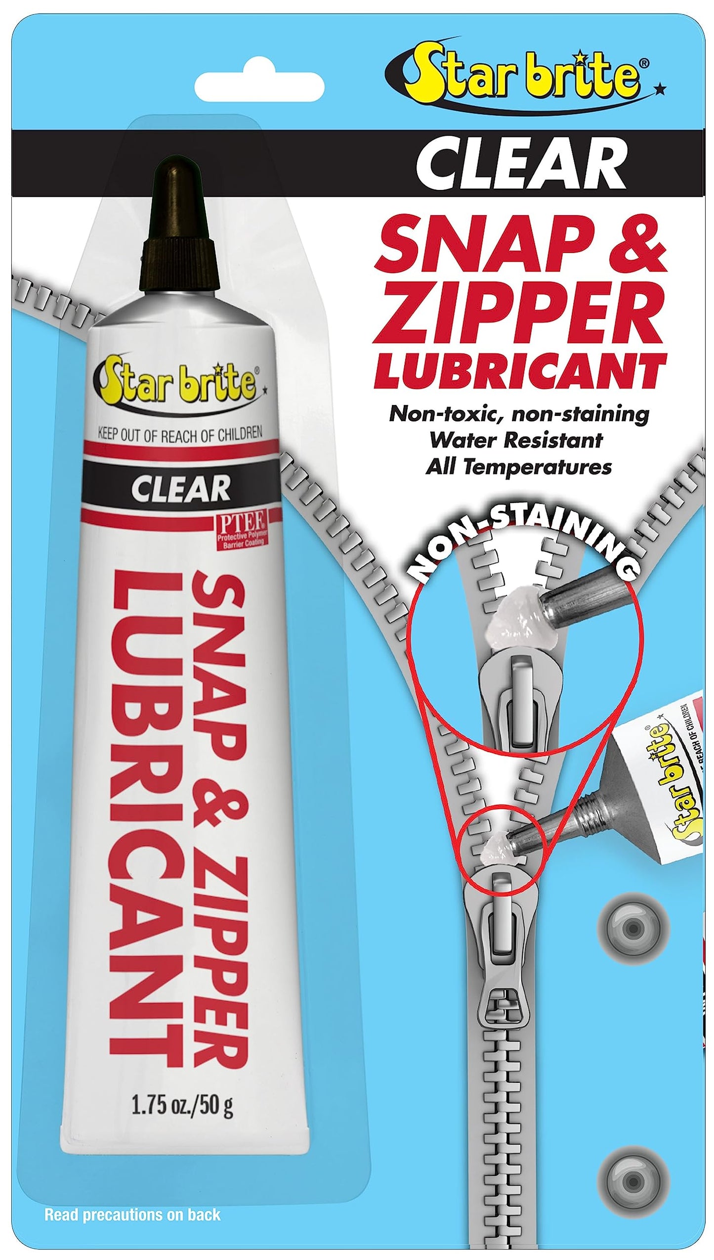 STAR BRITE Snap & Zipper Lubricant - Clear, Non-staining for Clothes, Jeep Tops, Wetsuits, Dive Suits, Gear Bags, Coolers, Biminis, Cushion Covers & More 1.75 OZ (089102)
