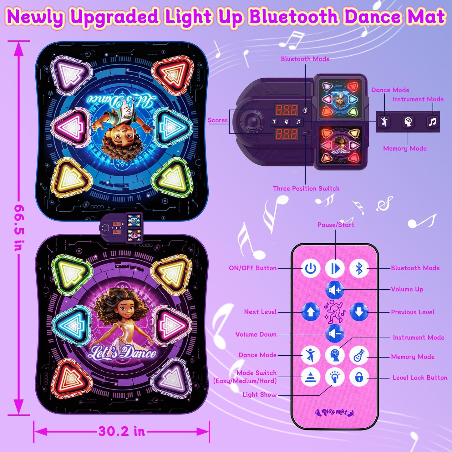 Double Dance Mat for Kids, Single & Double Players Electronic Dance Pad with Light-up12-Button Wireless Bluetooth, LED Light 5 Game Modes Christmas Birthday Gift for Girls Boys Ages 3 4 5 6 7 8 8-12