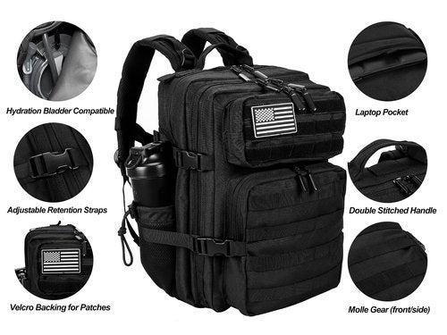 LHI Tactical Military Backpack for Men and Women 25L Army Assault Pack Bag Large Rucksack with Molle System-Black