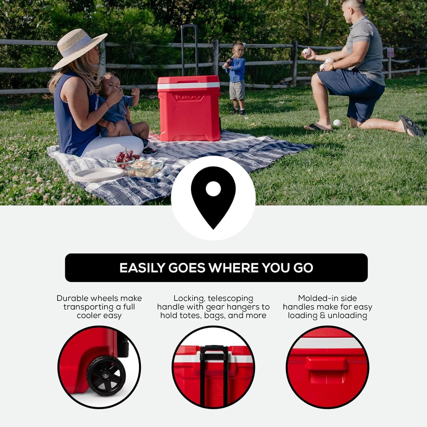 Igloo Cooler with Wheels, Profile II 28 Qt Hard Sided Ice Chest - Portable Insulated Container with Leak-Proof Design for Outdoor Use