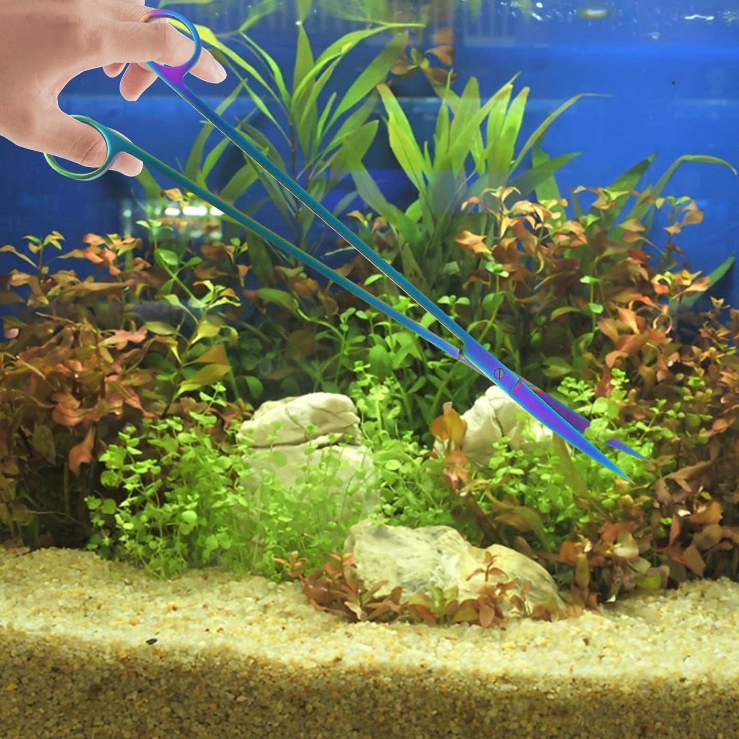 Funnytek 15Inch Extra Long Design Aquarium Aquascaping Tool Stainless Steel Aquascape Tool Kit 4 in 1 Anti-Rust Fish Tank Starter Kit with Long Tweezers Scissors Spatula for Aquarium Plants (Colorful)