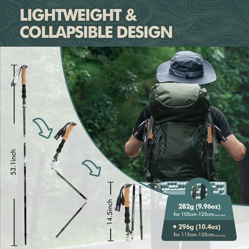 GPTCAMP Nordic Walking Stick, TPZ-1, Black 2pc Folding Collapsible Hiking Poles with Metal Quick Lock, Cork Handle, Lightweight 7075 Aluminum Trekking Poles for Seniors Women Men Hiking Gear