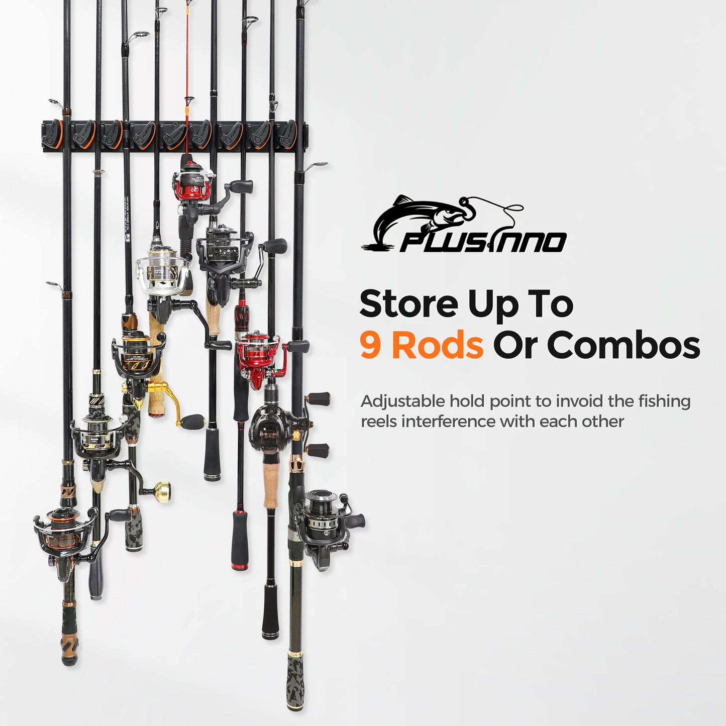 PLUSINNO V9 Vertical Fishing Rod Holders, 2 Packs Wall Mounted Fishing Pole Holders, Fishing Rod Racks Hold Up to 18 Rods or Combos, Fishing Pole Holders for Garage, Fishing Gear and Gifts for Men