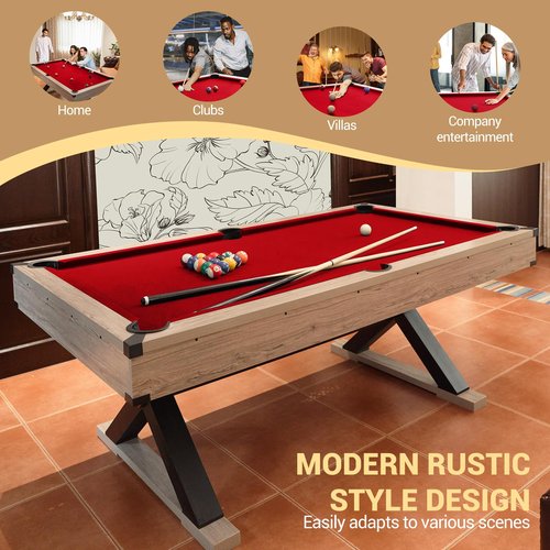 GarveeLife 7 FT Pool Table, Billiard Table with 2 Cue Sticks, Billiard Balls, Cues, Cleaning Brush, X-Legs, Black Cloth, Rustic Grey, 84" L x 46.5" W x 32.7" H