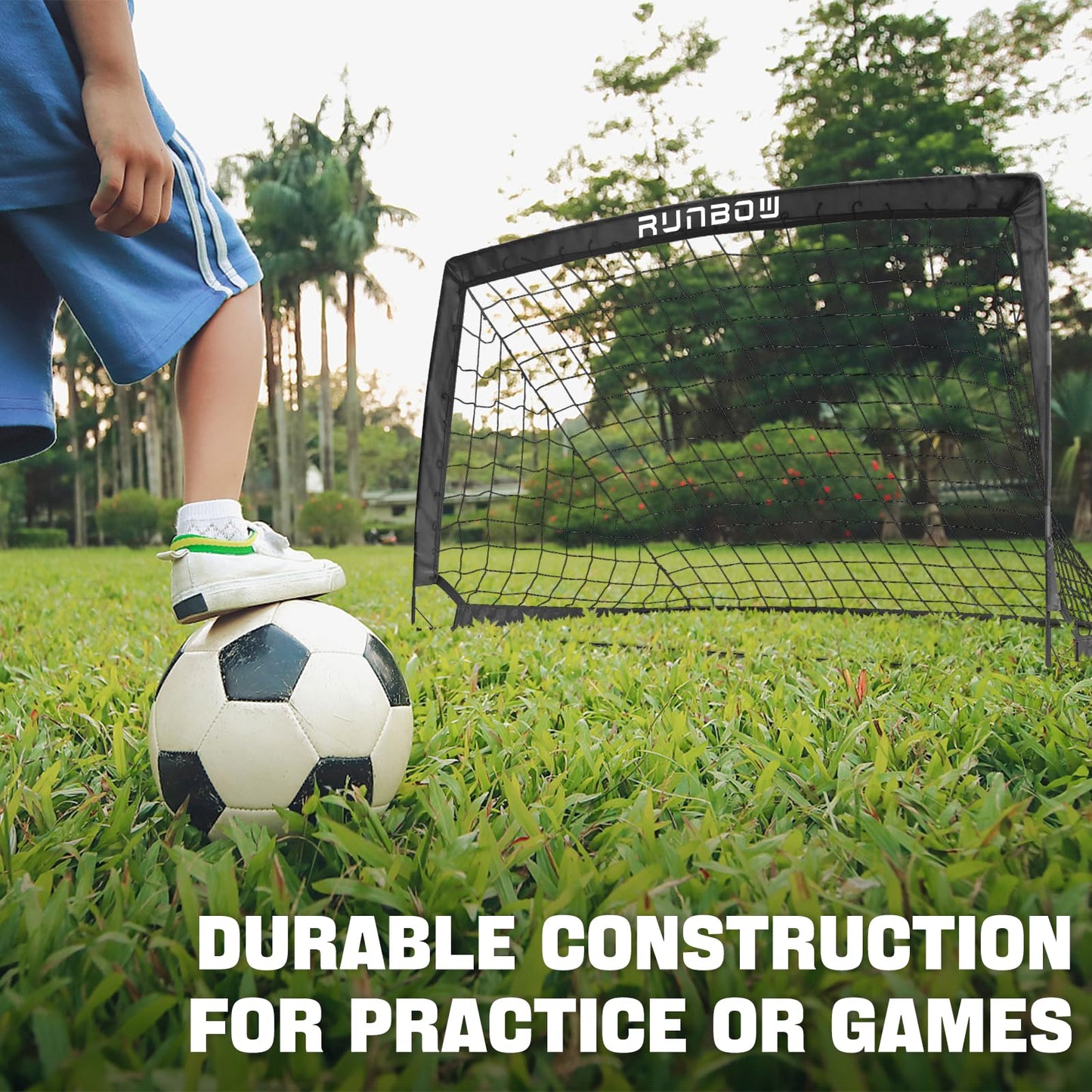RUNBOW Soccer Goal for Backyard, 5x3 FT Portable Folding Soccer Net with Carry Bag for Kids and Adults Indoor/Outdoor Training Practice Use (Black, 5x3 FT, 1 Pack)