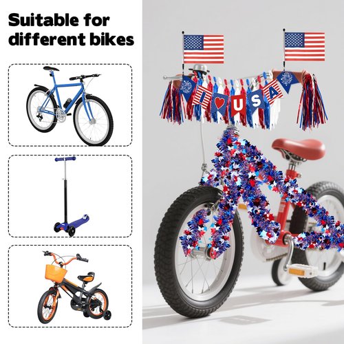 4th of July Patriotic Bike Decor Include USA Patriotic Banner Paper Flower Fans USA Flags Tinsel Garlands Red White Blue Balloons Bike Ribbon Streamers and Paper Streamers Patriotic Bike Decor Set