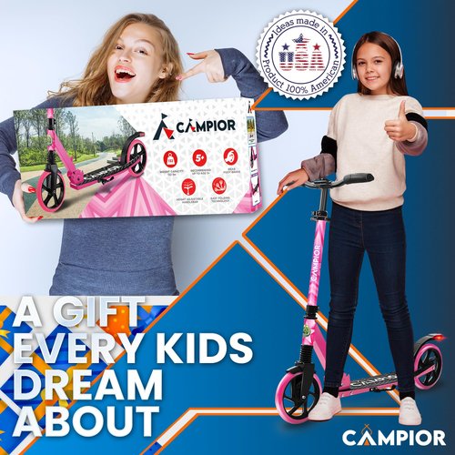 Campior Kick Scooter for Ages 6+, for Kids, Teens, and Adults, Max Load 240 LBS, Foldable, 8-inch Big Wheels for Kids and Adults, with Kickstand, 3 Adjustable Levels, Child Safety Approved, Pink