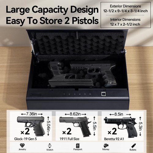 NASTAIS Biometric Gun Safe for 2 Pistols, Handgun safe, 4 Ways 0.1s Quick Access with APP/Fingerprint/Passcode/Key Unlock, Gun Lock Box for Home Bedside Nightstand Cloakroom Car