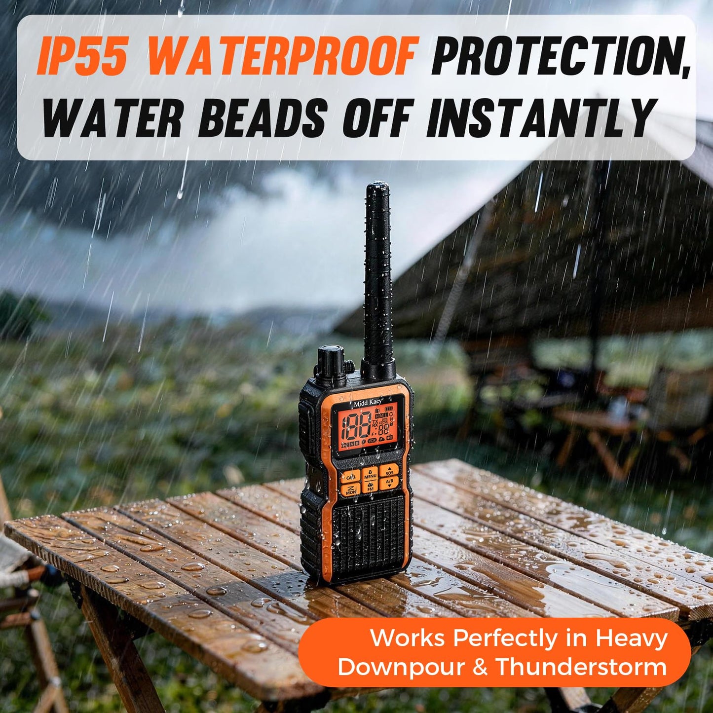 Midd Kacy Walkie Talkies Long Range, 60 Channel GMRS Portable Hunting Waterproof 2 Way Radio with 121 Privacy Codes, SOS, NOAA Weather Alerts, VOXChannel Scanning, 2 Pack (Black/Orange)