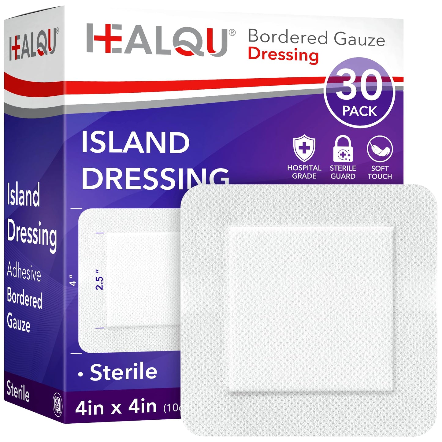 HEALQU Island Dressing - 4"x4", 30 Count - Bordered Gauze Sterile Individually Wrapped Gauze Pads, Water-Resistant, Non-Woven Backing - Soft and Breathable Wound Dressing for First Aid and Medical
