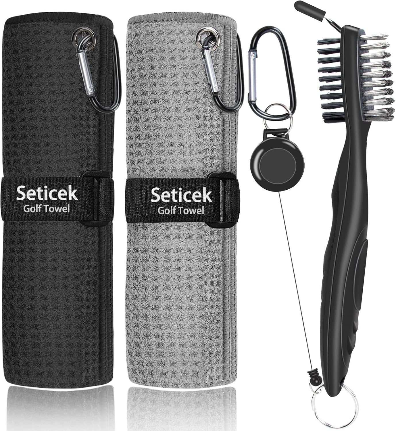 2 Pack Golf Towel (16" X 16") with Golf Club Brush, Microfiber Waffle Pattern Golf Towels for Golf Bags for Men,Essential Golf Combo Cleaning Kit (Black)
