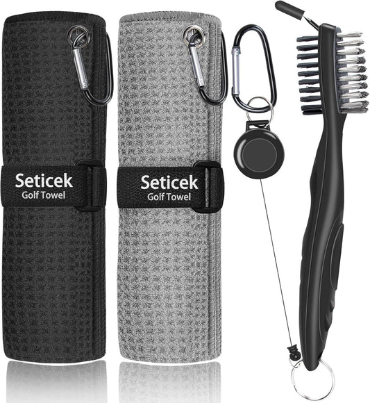 2 Pack Golf Towel (16" X 16") with Golf Club Brush, Microfiber Waffle Pattern Golf Towels for Golf Bags for Men,Essential Golf Combo Cleaning Kit (Black)