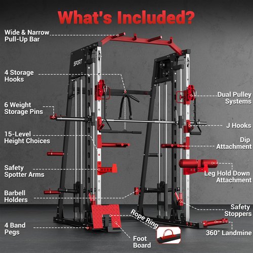 Smith Machine for Home Gym, Multifunctional Strength Training Power Cage with T Bar, Lat-Pull Down System and Cable System, 2200 Lbs Squat Rack with More Training Attachment, Black and Red