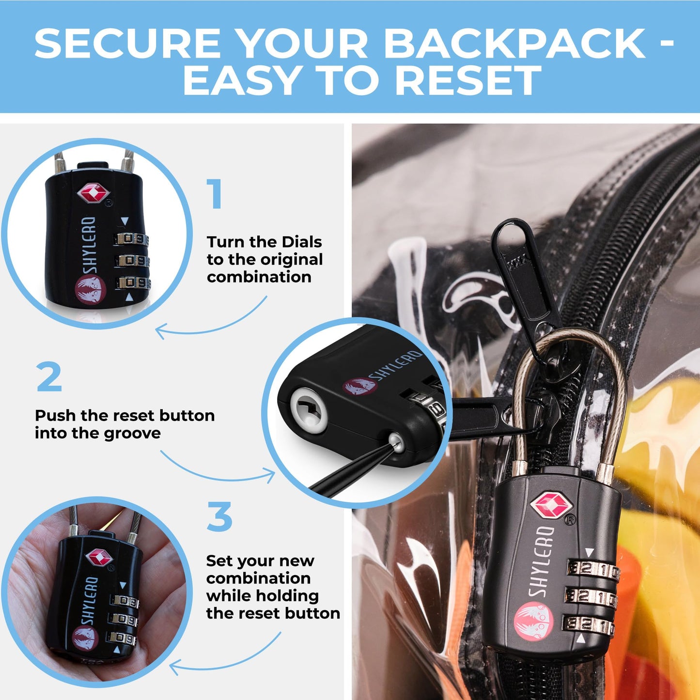 SHYLERO Clear Backpack Heavy Duty has TSA Lock, 2-WAY Zipper. PVC Transparent Backpack X-Large - H18''xW14''xD8 - Black