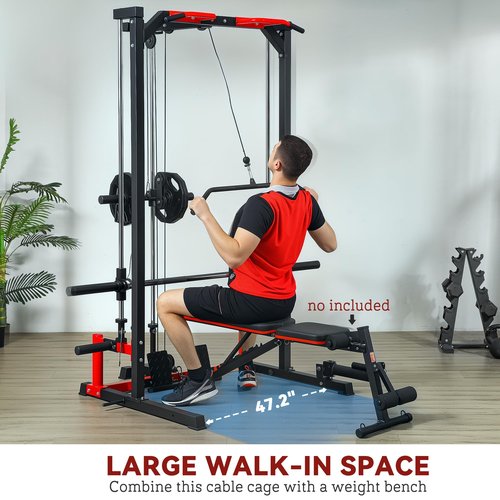 Soozier Power Cage Smith Machine, Multi-Function Power Rack with Pull Up Bar, LAT Pull Down System, Squat Rack, Barbell Bar, Landmine, Plate Storage Posts, for Home Gym