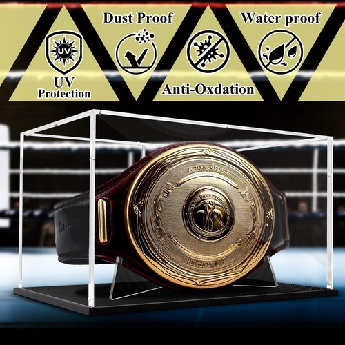 Acrylic Full Szie Championship Belt Display Case Boxing Football Wrestling Championship Belt Display Stand Shadow Boxes Large Clear Collectibles Display Case with Carbon Fiber Skin Base & Belt Stand