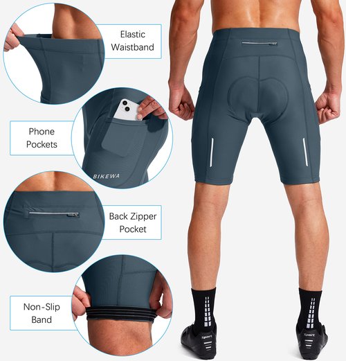 Men's Bike Shorts 3D Padded Cycling Road Biking Underwear Mountain Riding Biker Bicycle UPF 50+ Cycle Shorts Zipper Pockets(Blue Grey,L)