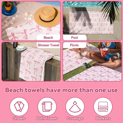 Mahrokh Pink Bow Beach Towel Coquette Beach Towel Gift 60 x 30 Inch Coquette Birthday Pink Bow Party Decorations for Birthday Baby Shower Bridal Shower Bachelorette Party Decor(#1)