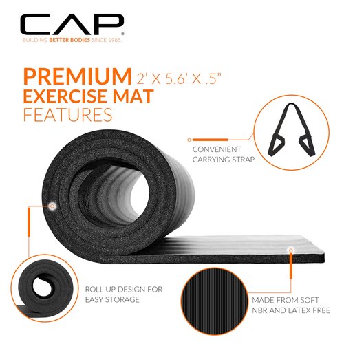 CAP Barbell High Density Exercise Mat with strap, 68"x24" 12mm (Black)