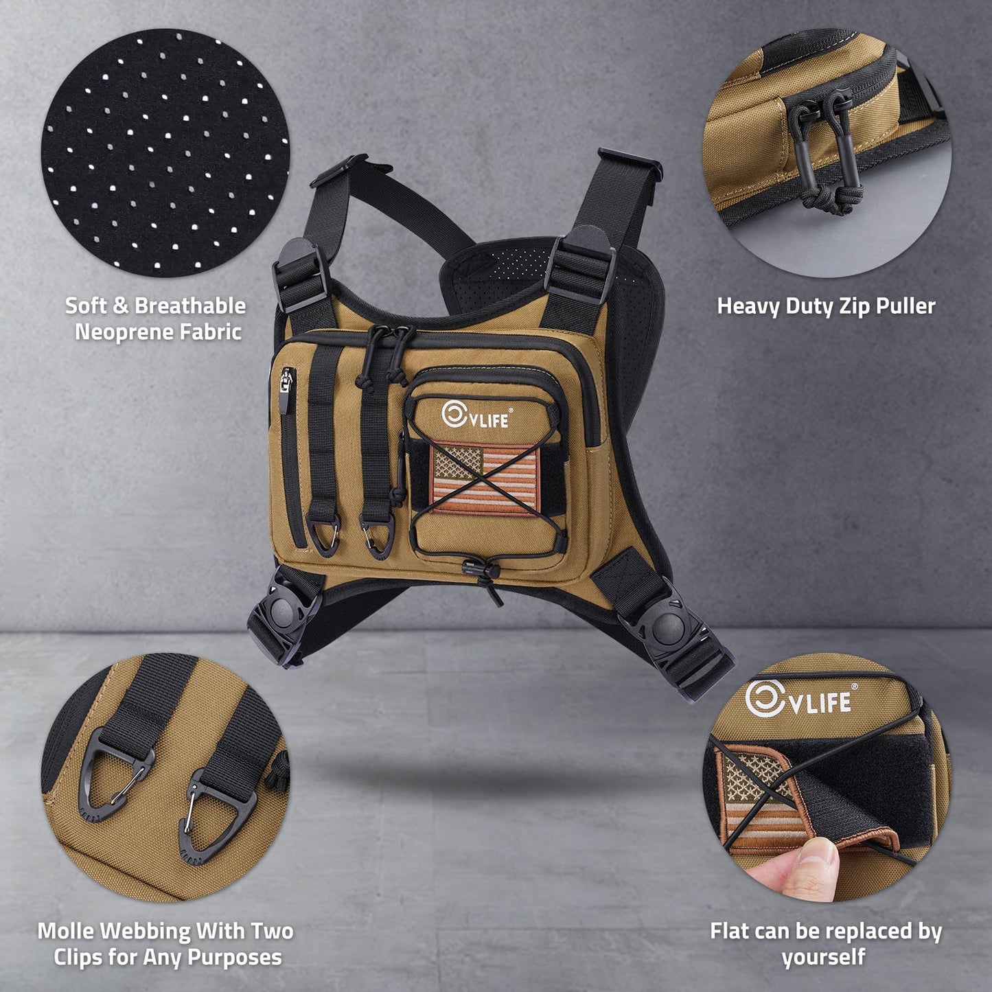 CVLIFE Outdoor Chest Bag for Men, Tactical Chest Pack with Phone Holder, Adjustable Running Vest Bag with Extra Storage, Lightweight Anti-theft EDC Rig for Hiking, Cycling, Sports, Workouts, Khaki