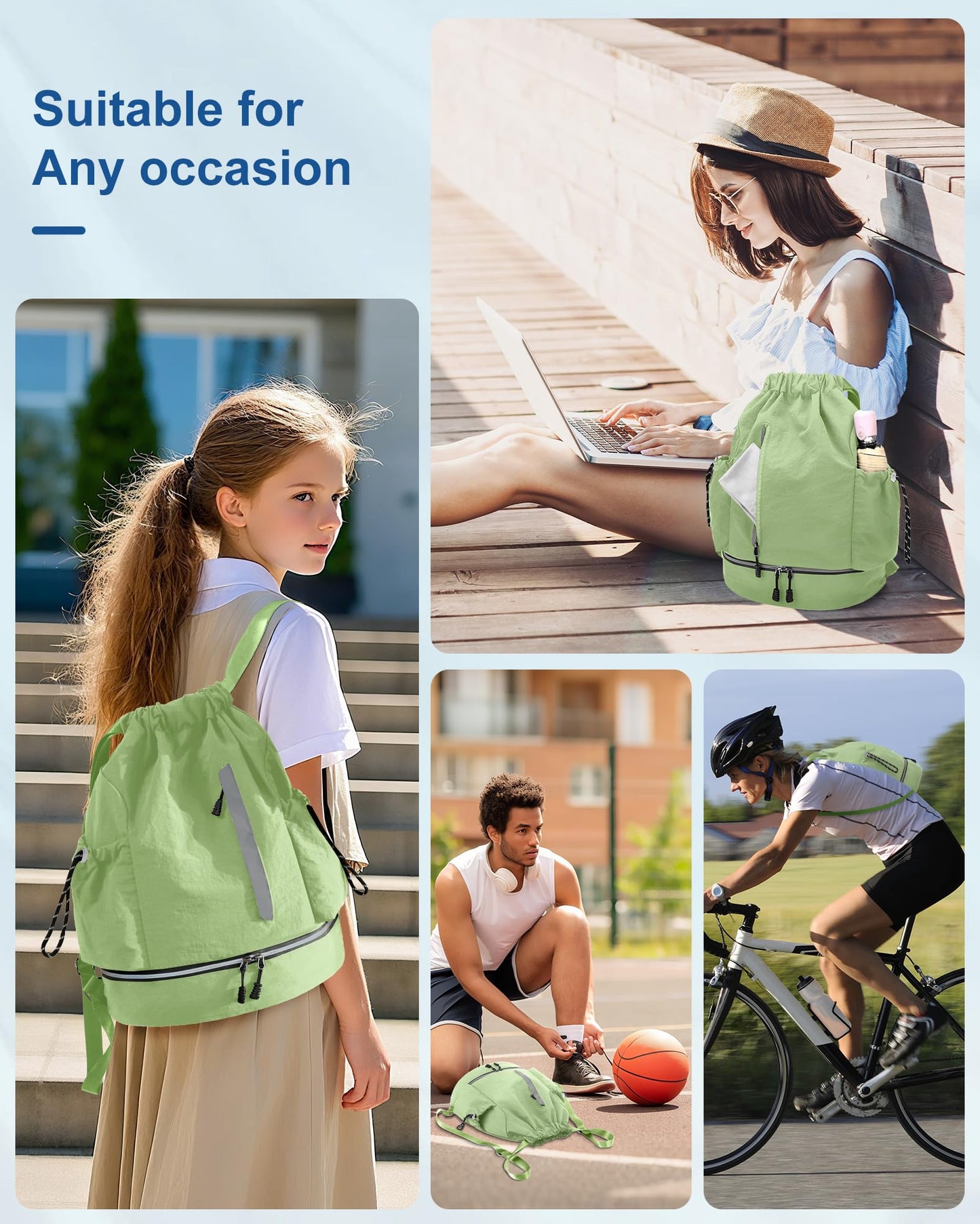 JELUTAR Drawstring Backpack for Men Women Water-Resistant Gym Bag with Shoe Compartment Lightweight String Sport Sackpack for Basketball Soccer Swimming and Travel, Green