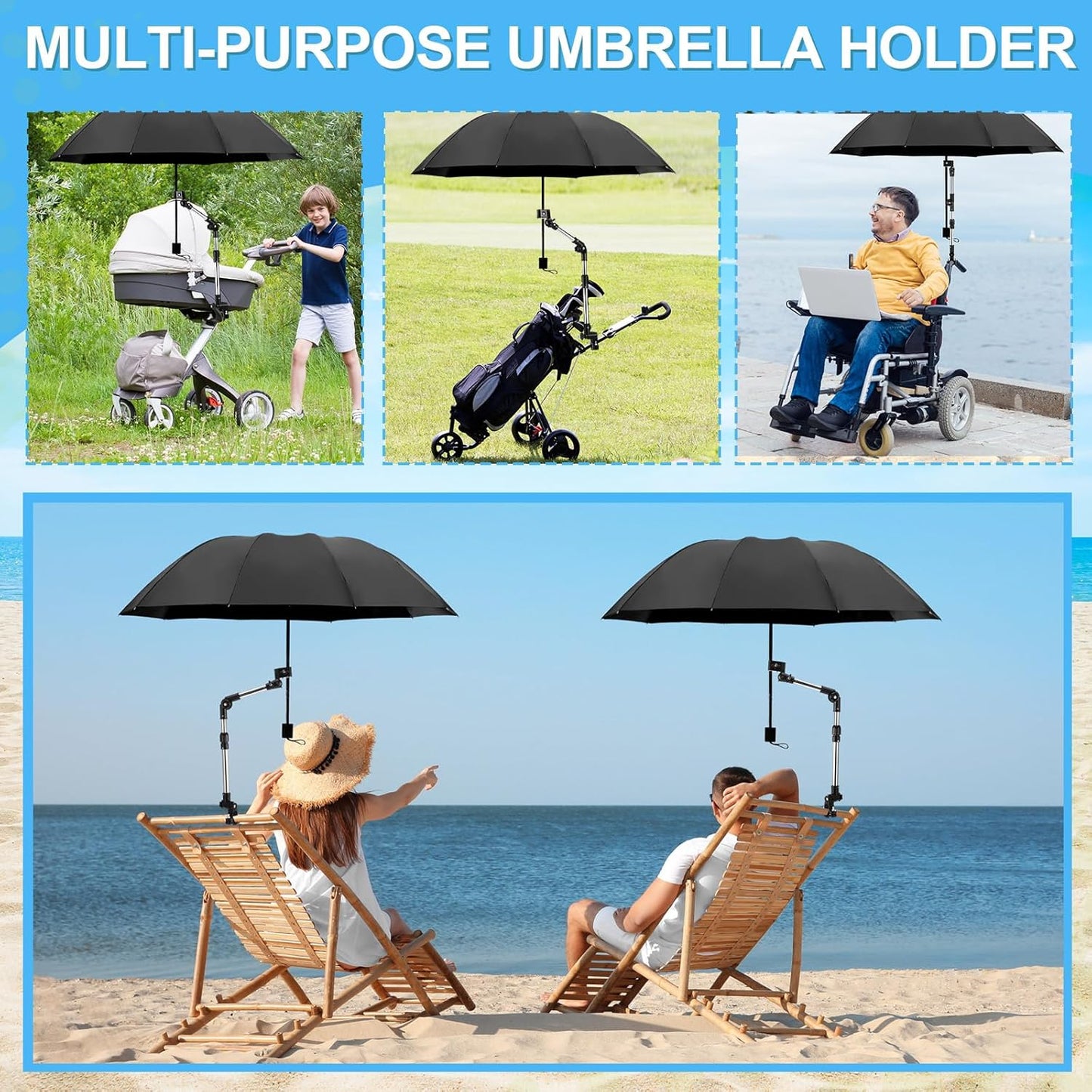 2 Pcs Beach Chair Umbrella with Clamp 49.2" 360° Adjustable Golf Umbrella with Clip and Retractable Stand Sun Shade for Camping Outdoor Travel Patio Wheelchair Golf Cart Stroller