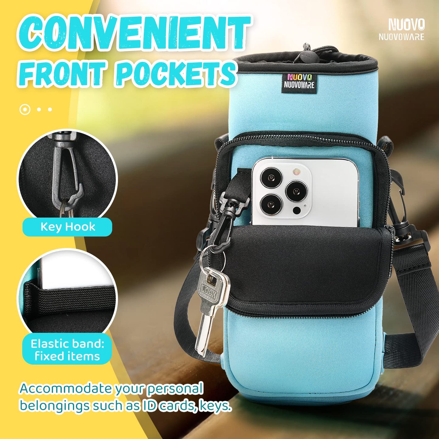 Nuovoware Water Bottle Carrier Bag, 25oz/32oz Pouch Holder, Adjustable Shoulder Hand Strap 2 Pocket Sling Neoprene Sleeve Sports Water Bottle Bag for Men Women Hiking Travelling, Dusty Blue