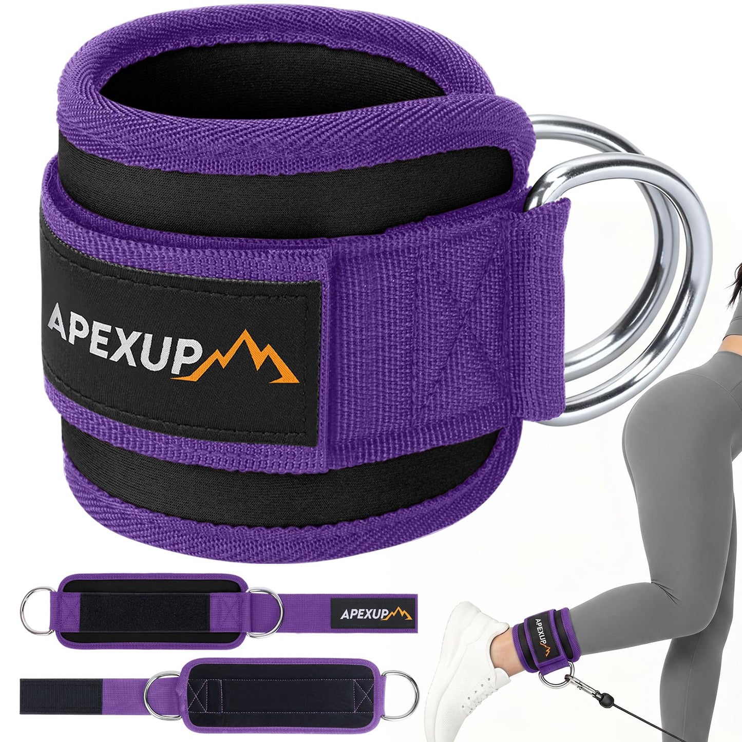 APEXUP Ankle Strap for Cable Machine, Ankle Resistance Bands, Cable Kick Back Straps for Gym, Glute Workouts, Leg Extensions, Adjustable Straps with Neoprene Padding (Pair, Black+Purple)