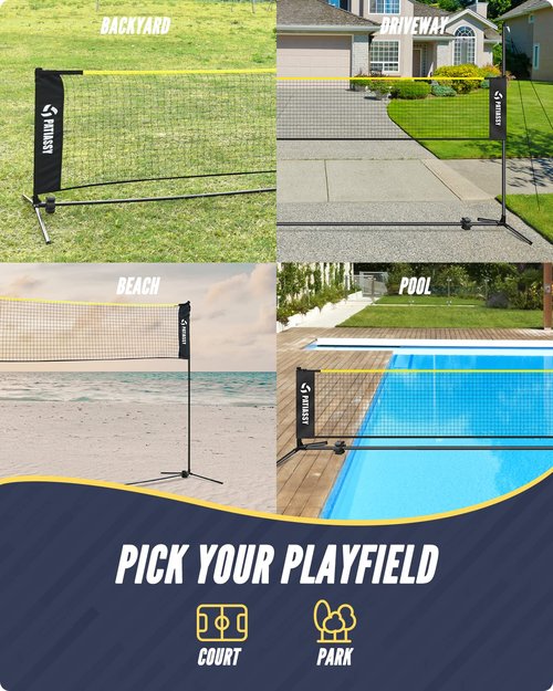 Patiassy 5.1ft-7.4ft Adjustable Height Volleyball Badminton Net Set 17ft Portable Sports Net with Poles, 4 Badminton Rackets, 3 Shuttlecocks and 1 Volleyball for Indoor Outdoor