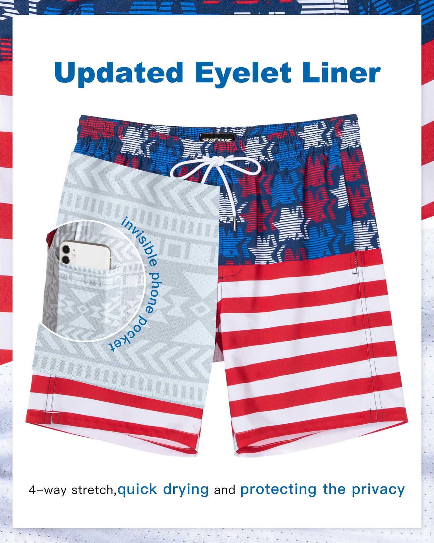 SURF CUZ Mens Swim Trunks with Compression Liner Quick Dry Swim Shorts 7" Swimming Trunks Stretch Bathing Suit 7 Inch,American Flag,M
